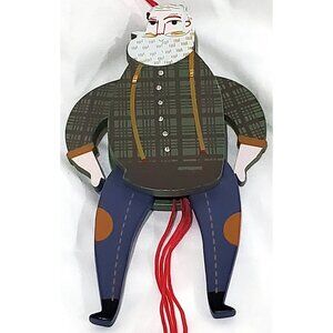 FARMER COWBOY SANTA wood pull string Christmas Ornament green plaid shirt jeans